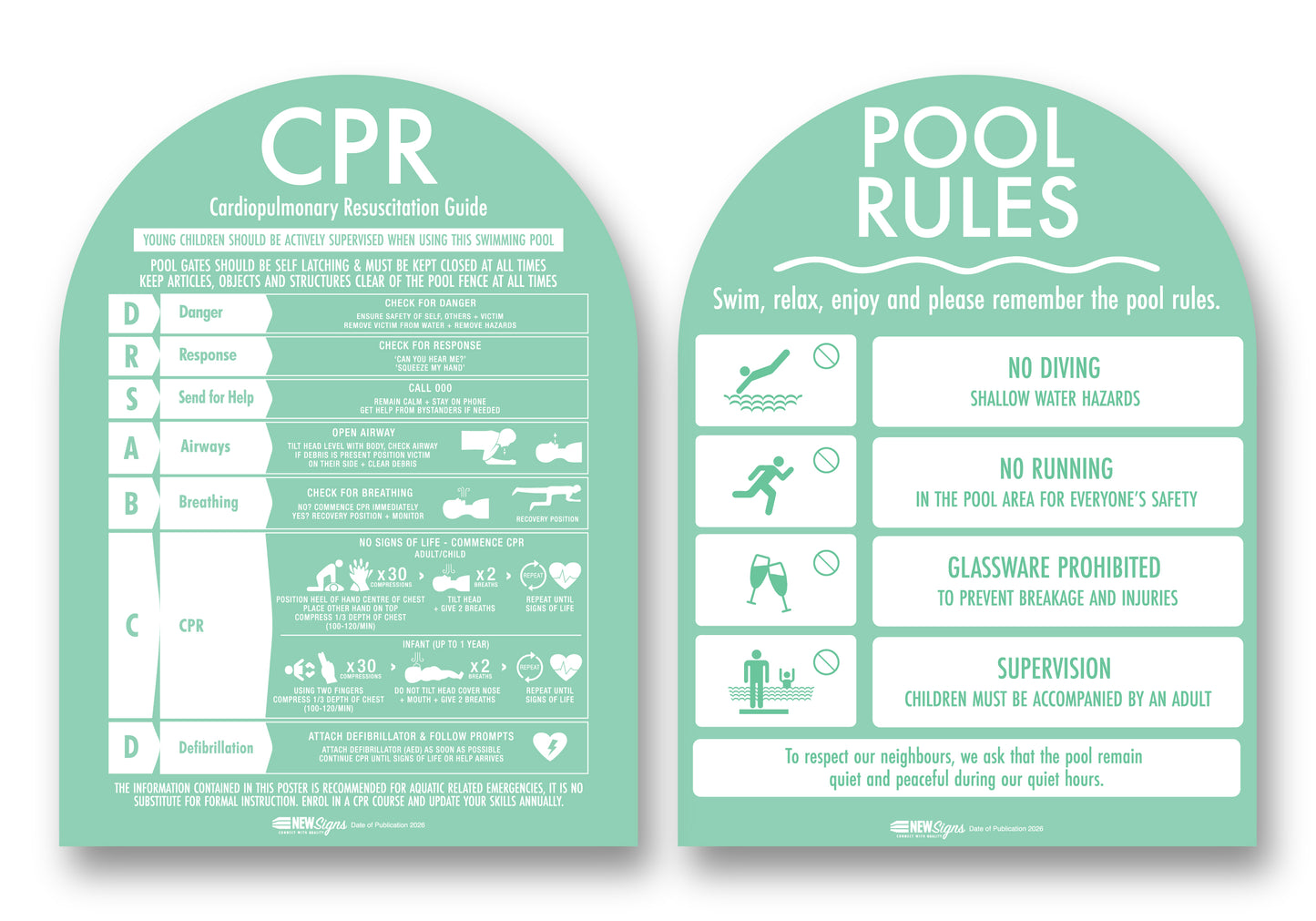 CPR Sign & Pool Rules Sign Pack Arch Mint Background