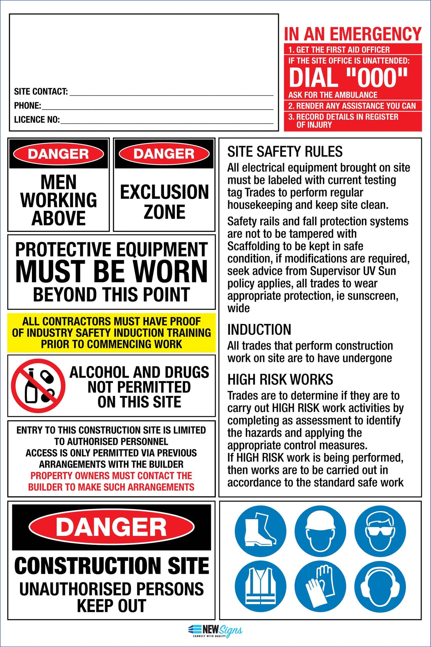Construction Site Entry High Risk Emergency Logo and Details Sign