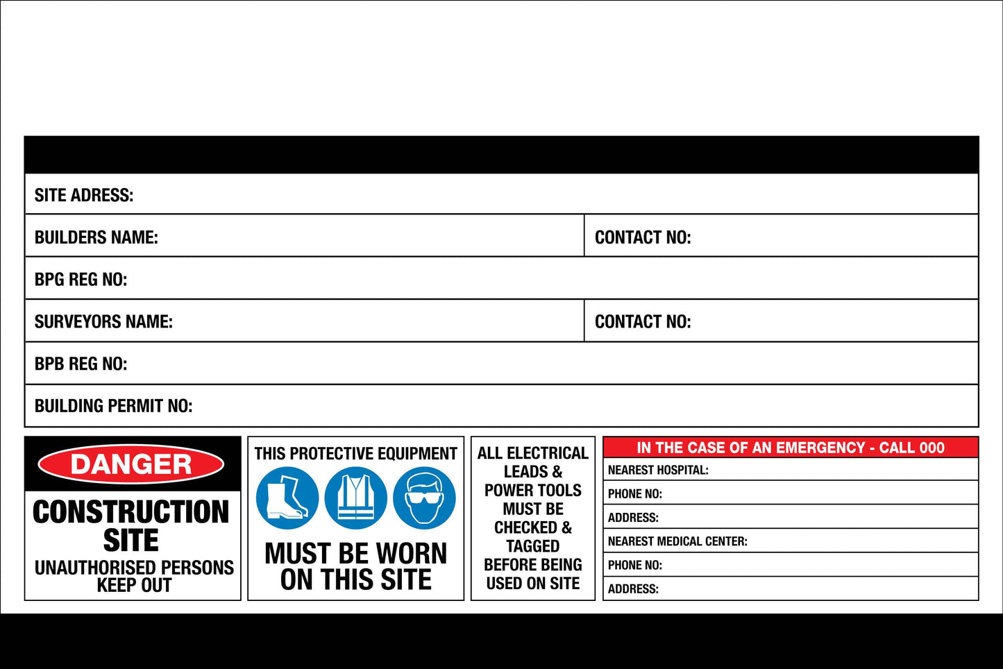 Construction Site Entry Danger PPE Emergency Details Sign