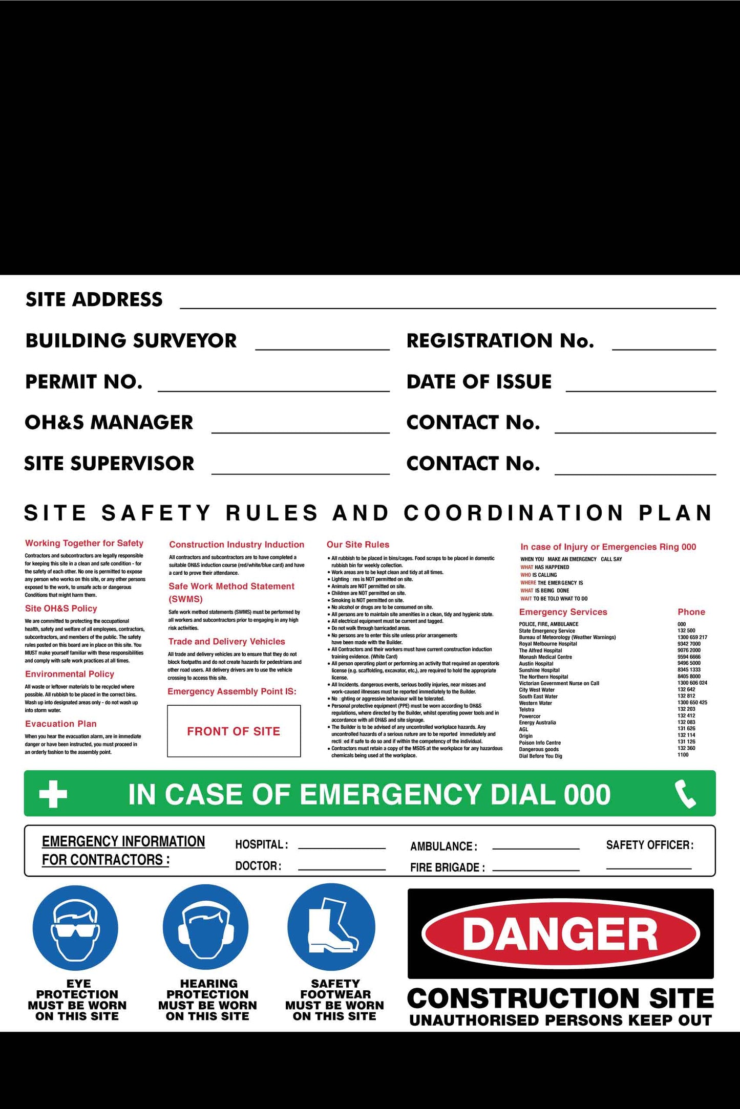 Construction Site Entry Safety Rules And Co-Ordination Plan Sign
