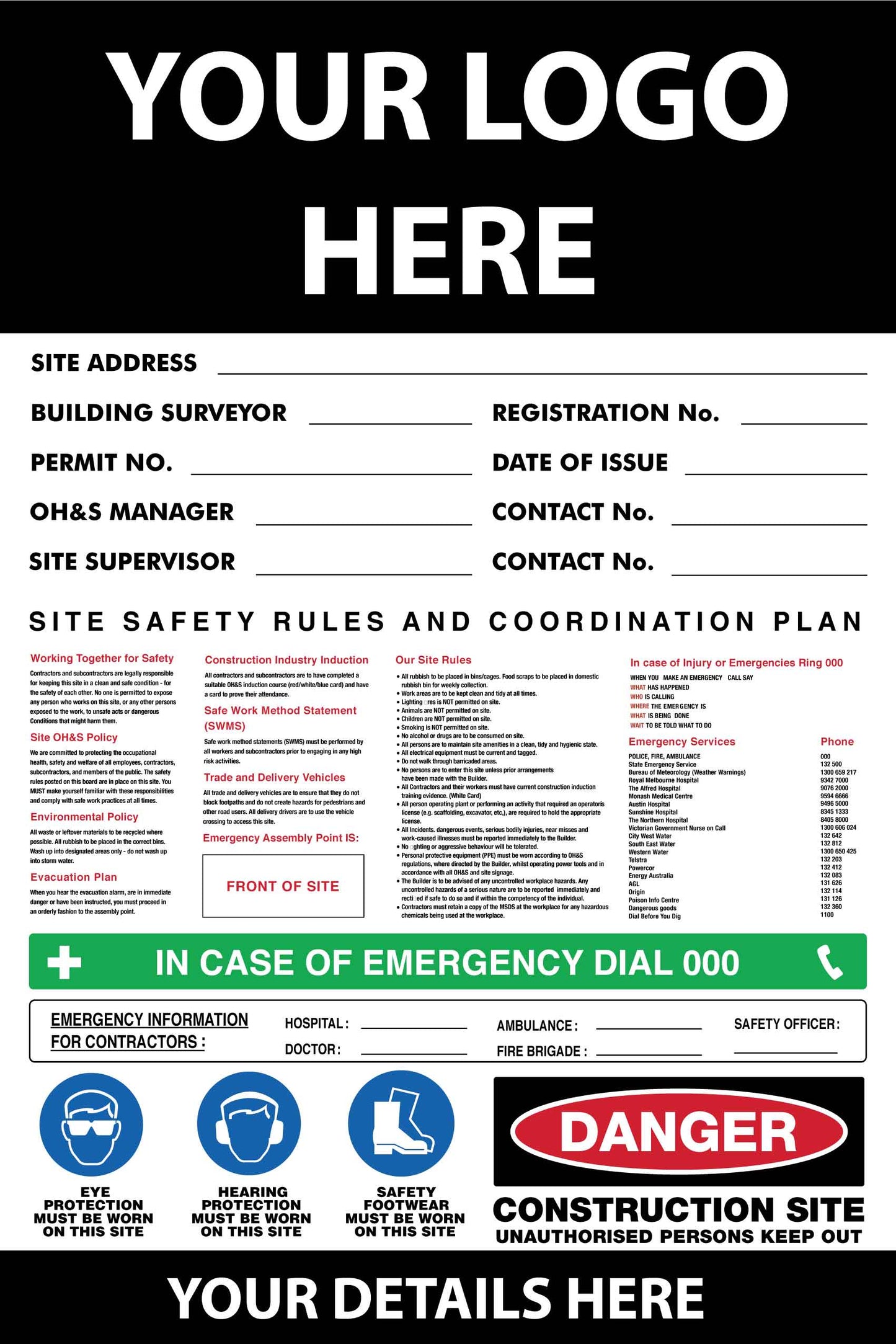 Construction Site Entry Safety Rules And Co-Ordination Plan Sign