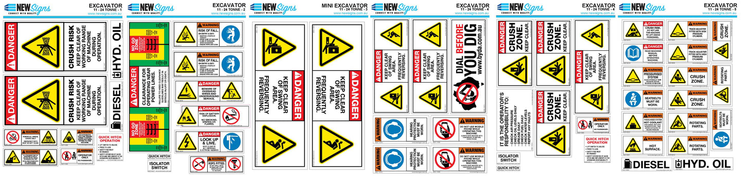 Excavator Under 11 - 24 Tonnes Machine Safety Sticker Set