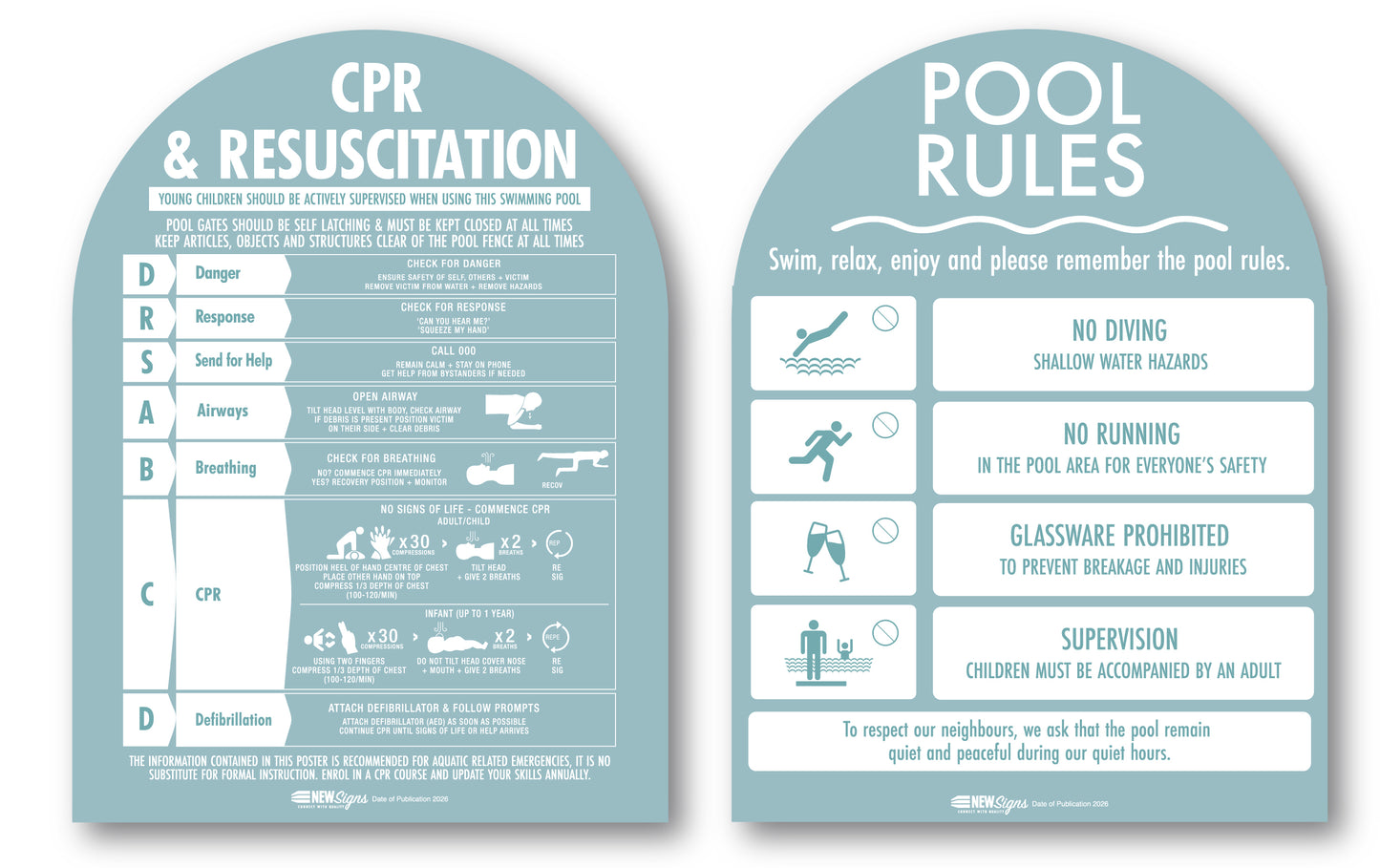 CPR Sign & Pool Rules Sign Pack Arch Aqua Background
