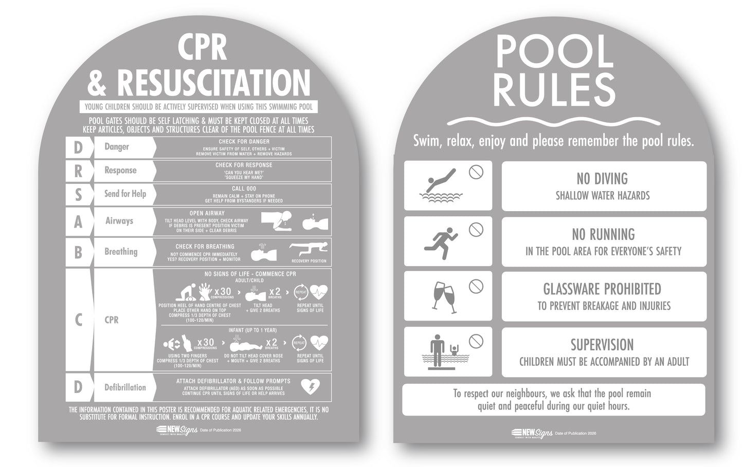 CPR Sign & Pool Rules Sign Pack Arch Grey Background