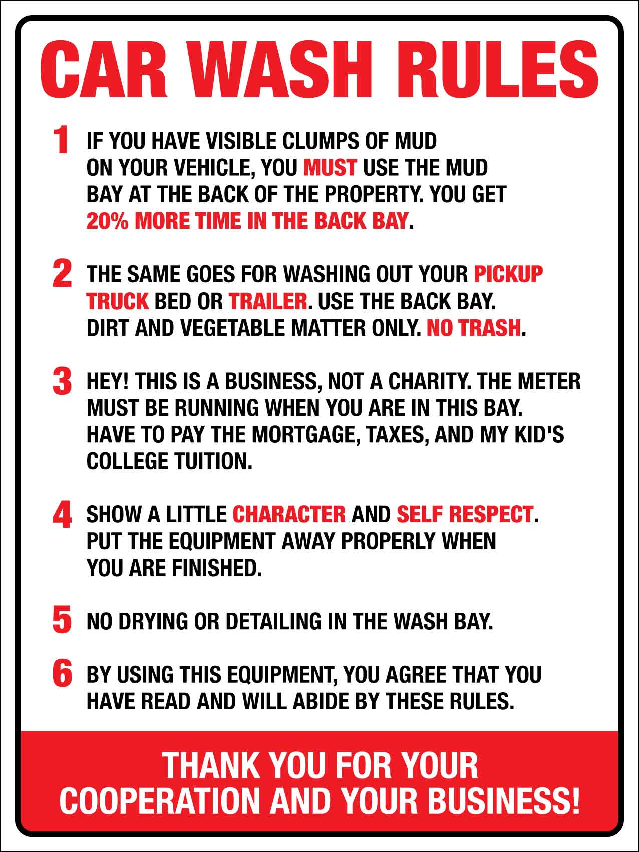 Car Wash Rules Sign - New Signs