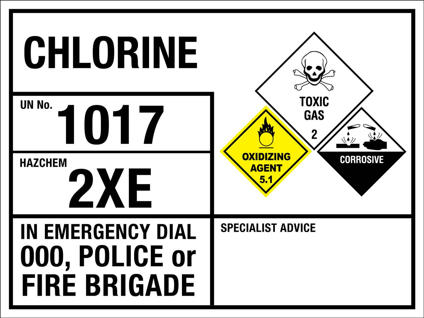 Chlorine 1017 2XE Emergency Information Sign - New Signs