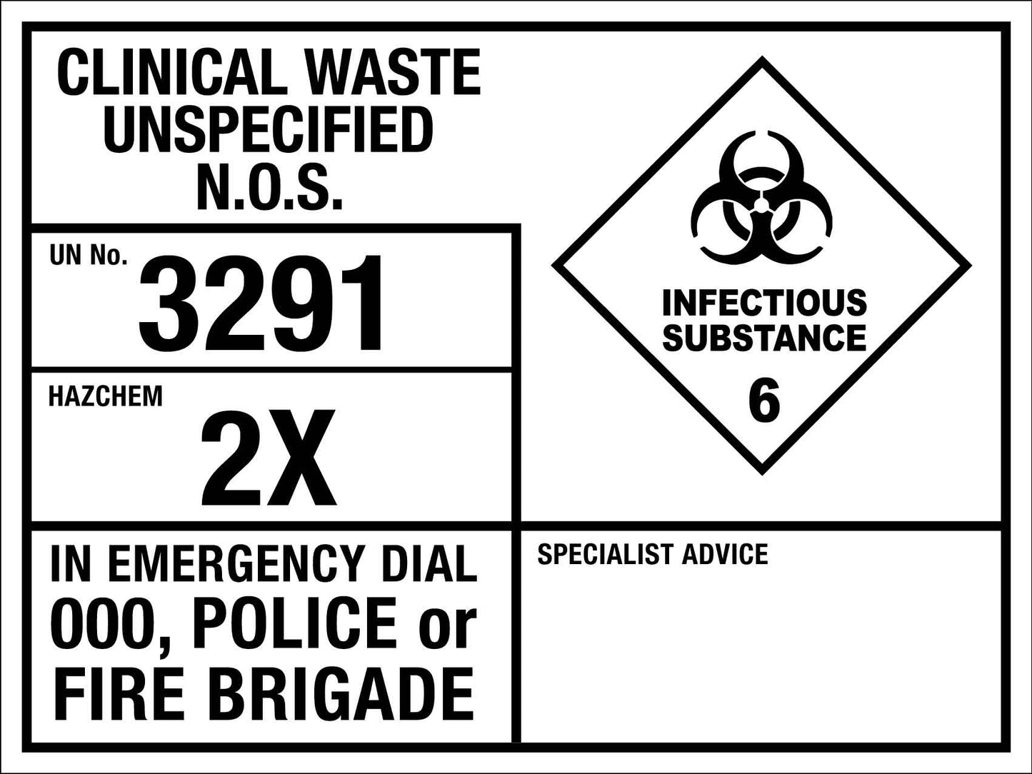 Clinical Waste Unspecified NOS 3291 2X Emergency Information Sign - New Signs