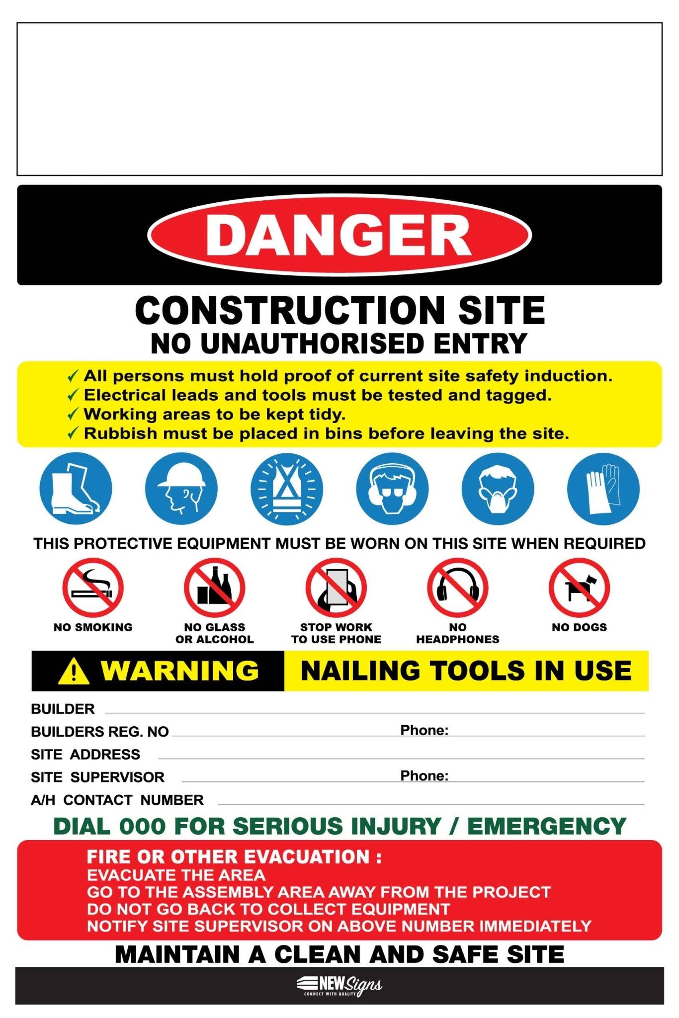 Construction Site Entry Danger Combination Logo Sign - New Signs