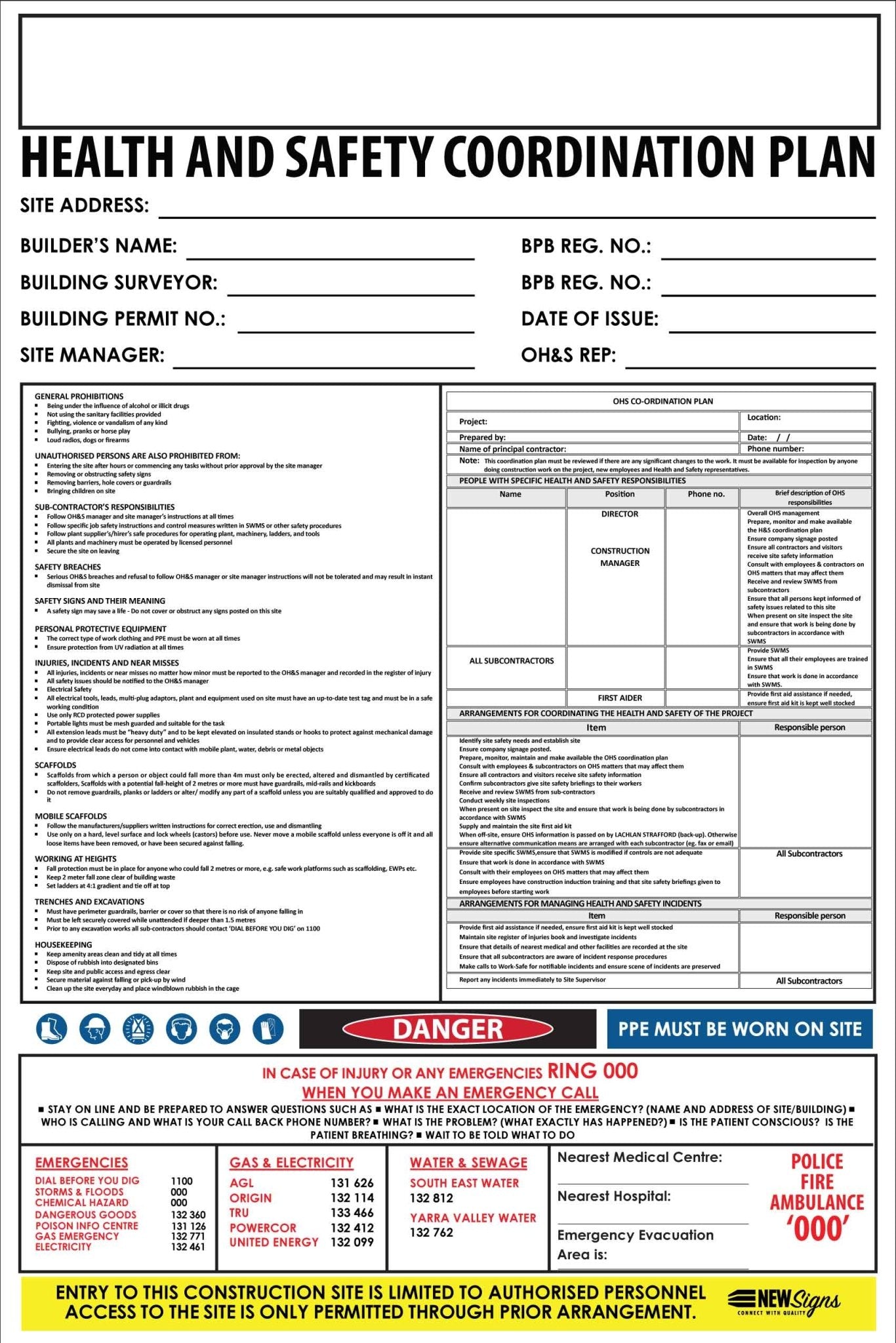 Construction Site Entry Sign Health and Safety Co - Ordination Plan Sign - New Signs