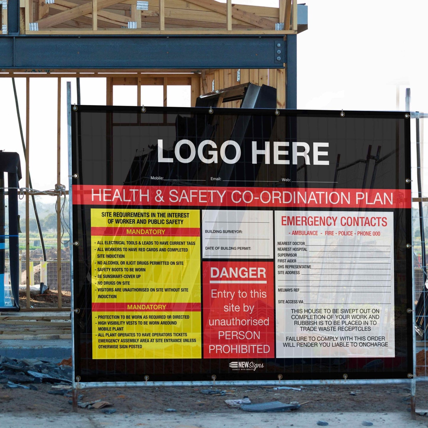 Construction Site Entry Sign Health and Safety Danger Co - Ordination Plan - Mesh Banner - New Signs