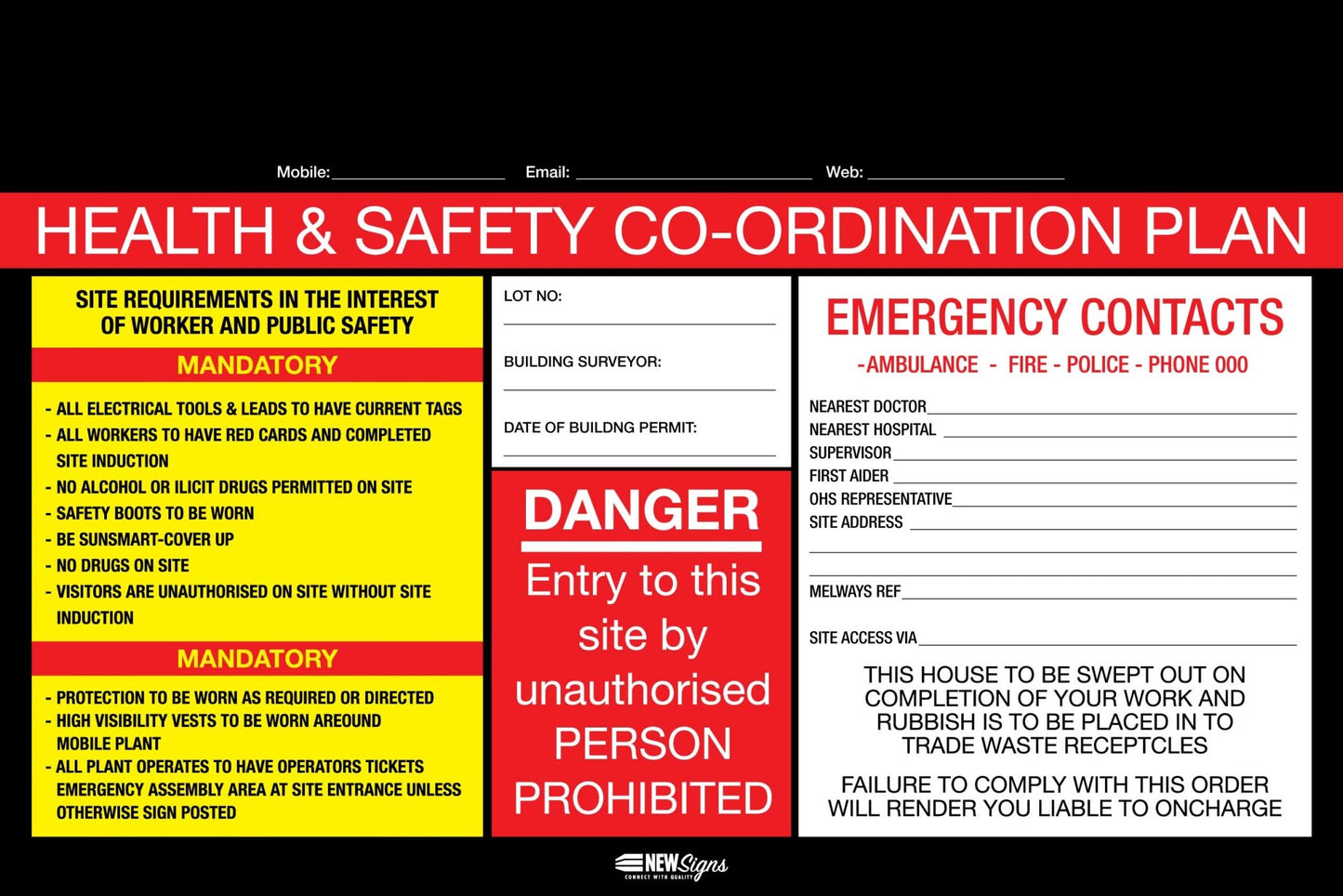Construction Site Entry Sign Health and Safety Danger Co - Ordination Plan Sign - New Signs
