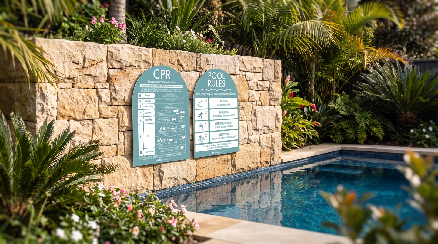 CPR Sign & Pool Rules Sign Pack Arch Aqua Background - New Signs