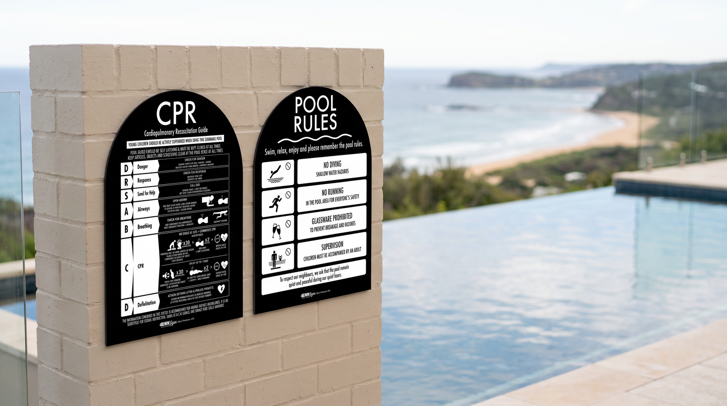 CPR Sign & Pool Rules Sign Pack Arch Black Background - New Signs