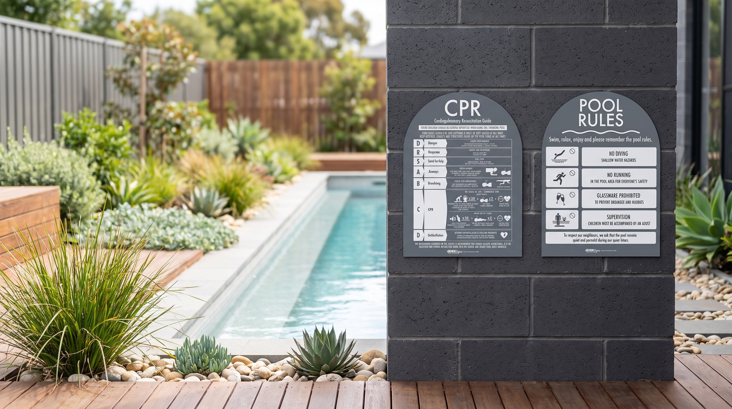 CPR Sign & Pool Rules Sign Pack Arch Charcoal Background - New Signs