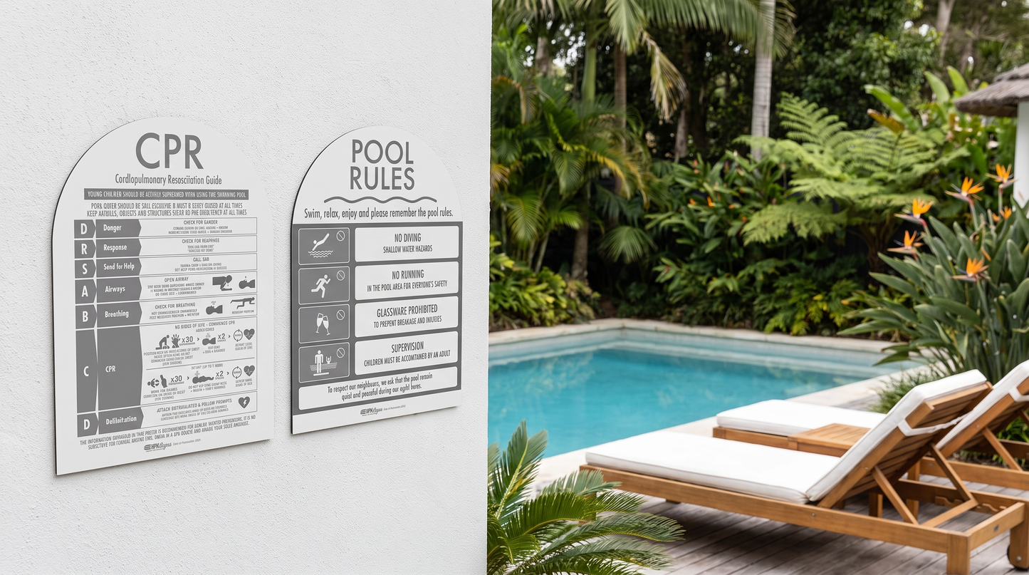 CPR Sign & Pool Rules Sign Pack Arch Grey - New Signs