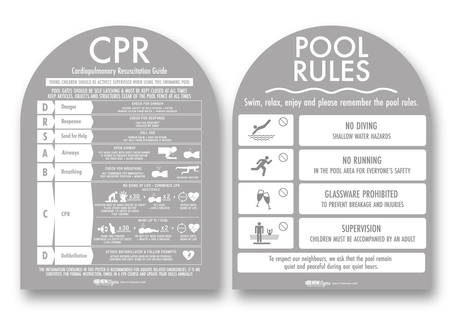 CPR Sign & Pool Rules Sign Pack Arch Grey Background - New Signs