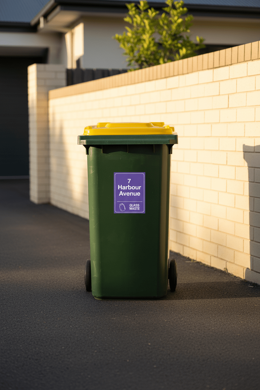 Custom Address & Glass Waste Wheelie Bin Stickers - New Signs
