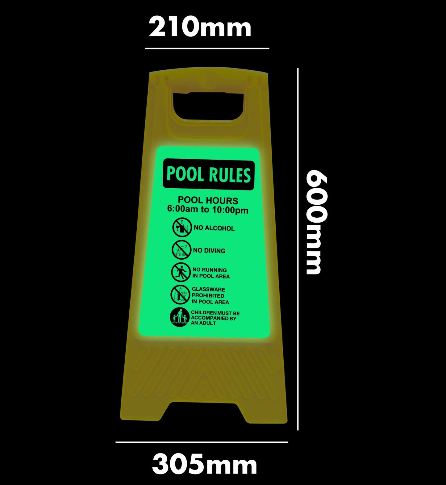 Glow In The Dark - Yellow A - Frame - Pool Rules 1 Pool Hours 6am - 10pm - New Signs