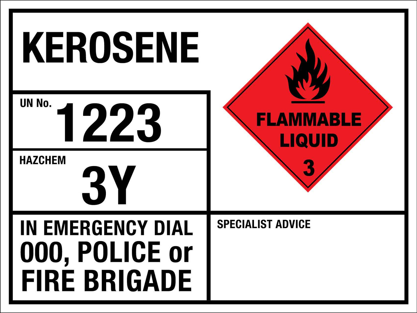 Kerosene 1223 3Y Emergency Information Sign - New Signs