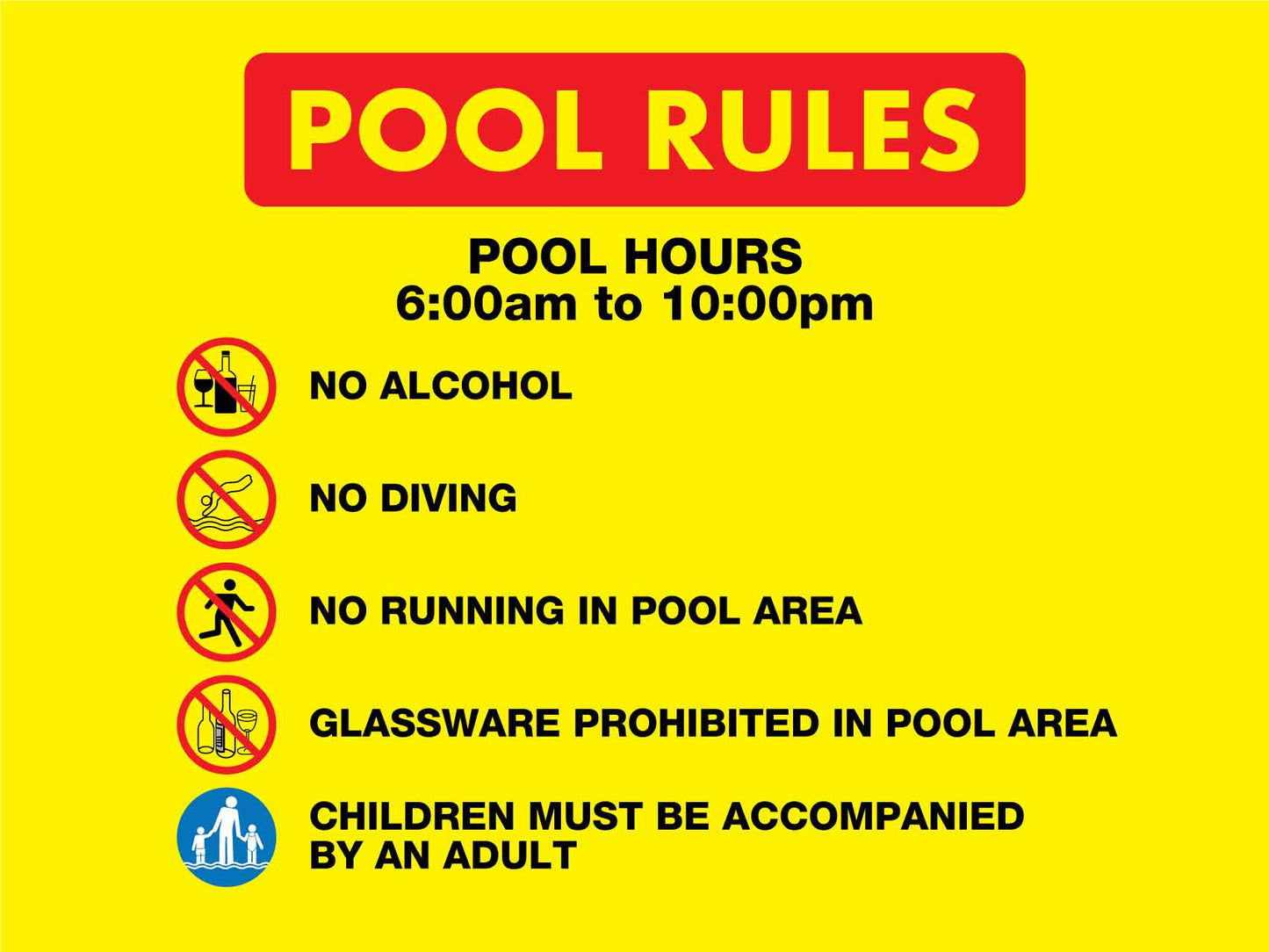 Pool Rules 1 Pool Hours 6am - 10pm Landscape Sign - New Signs