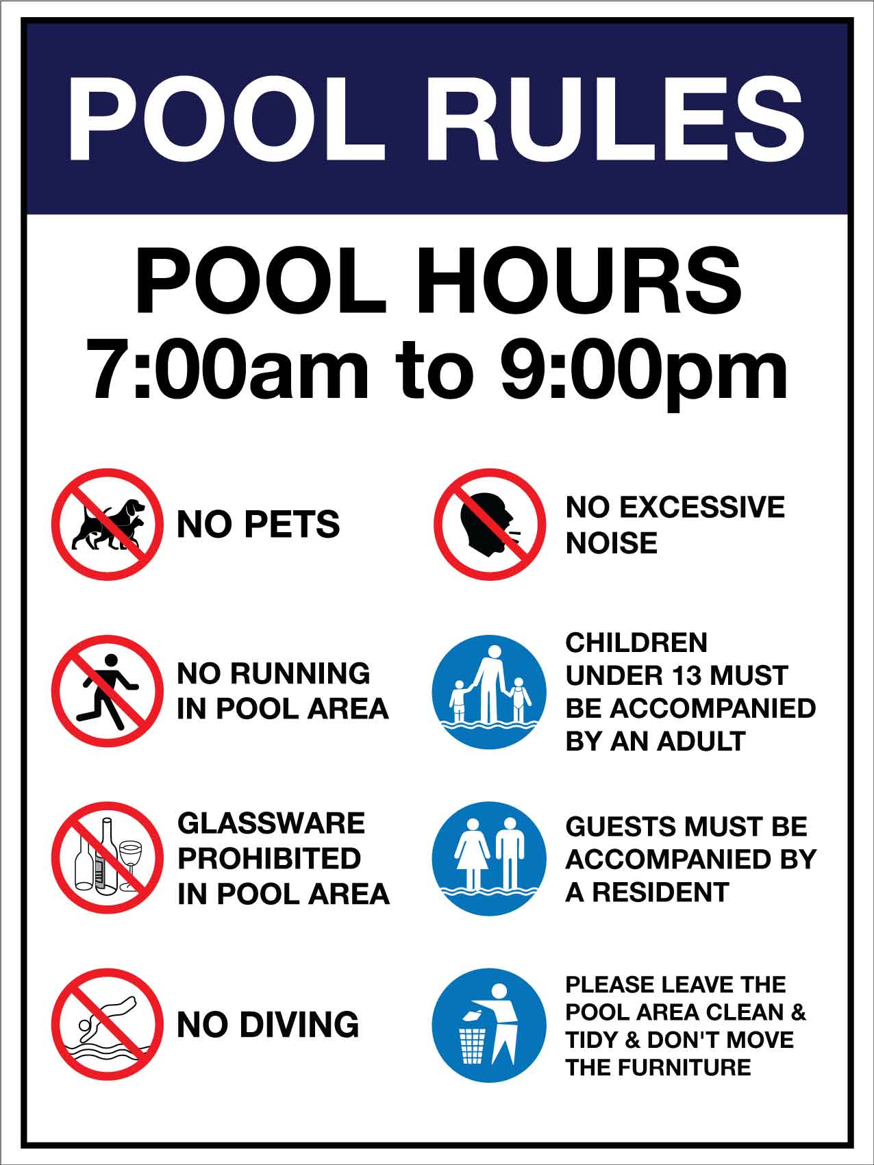 Pool Rules 1 Pool Hours 7am - 9pm - New Signs