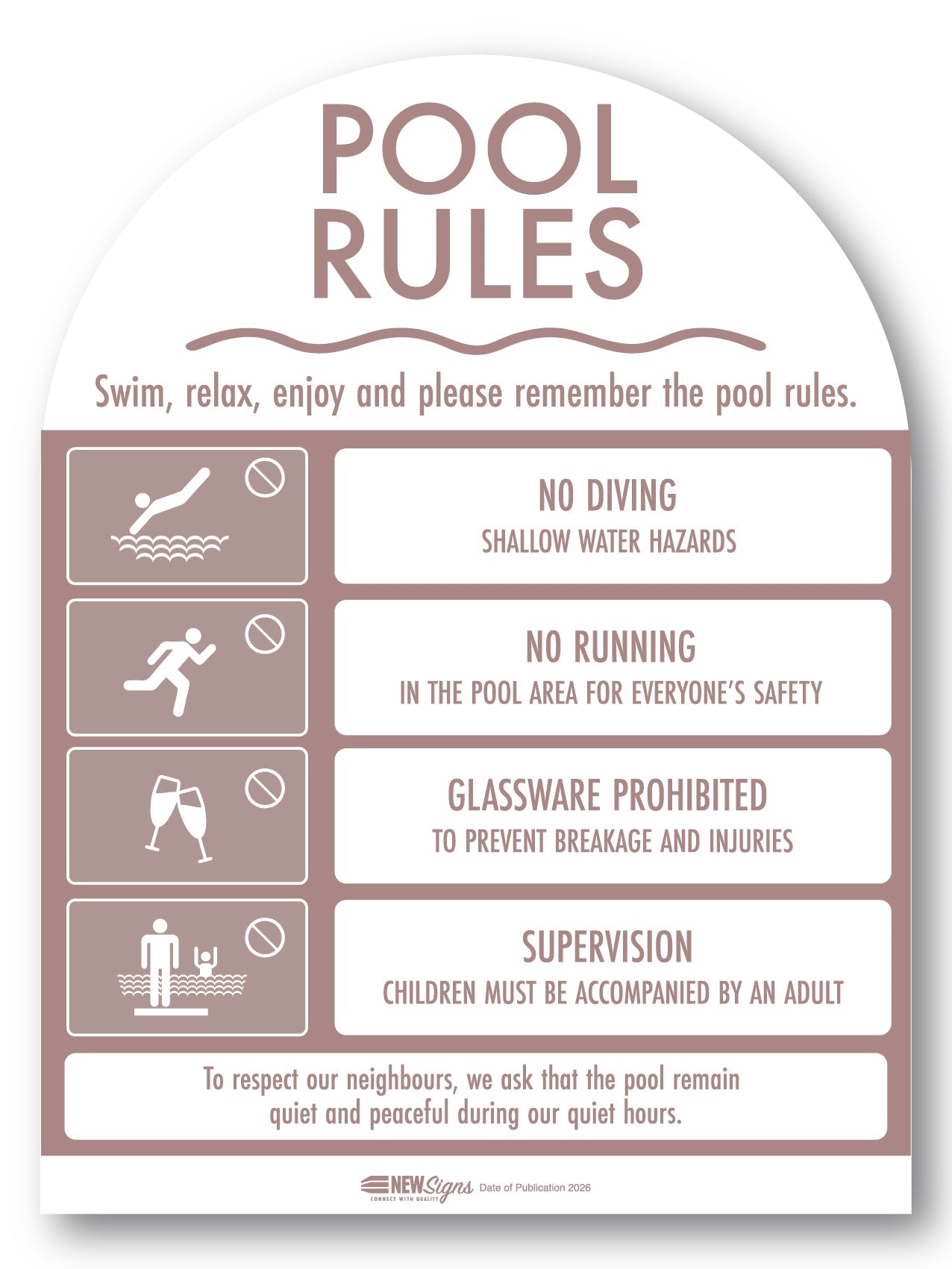 Pool Rules Sign Arch Fawn - New Signs