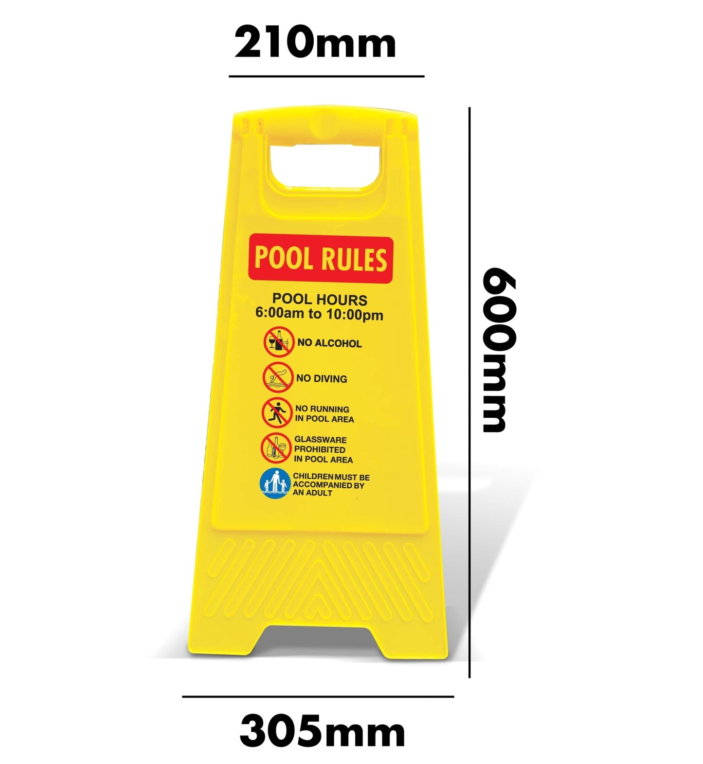 Yellow A - Frame - Pool Rules 1 Pool Hours 6am - 10pm - New Signs