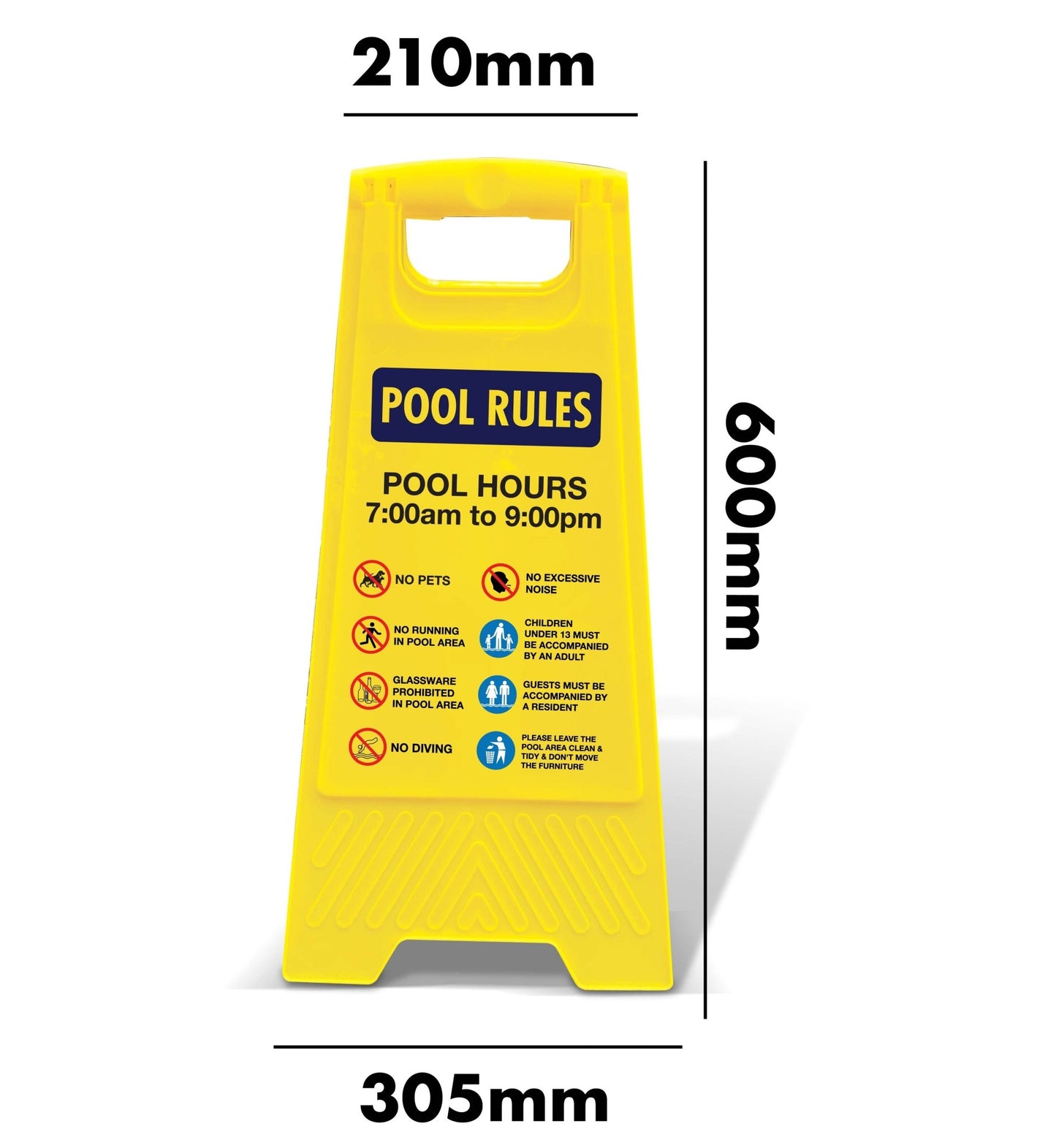 Yellow A - Frame - Pool Rules 1 Pool Hours 7am - 9pm - New Signs