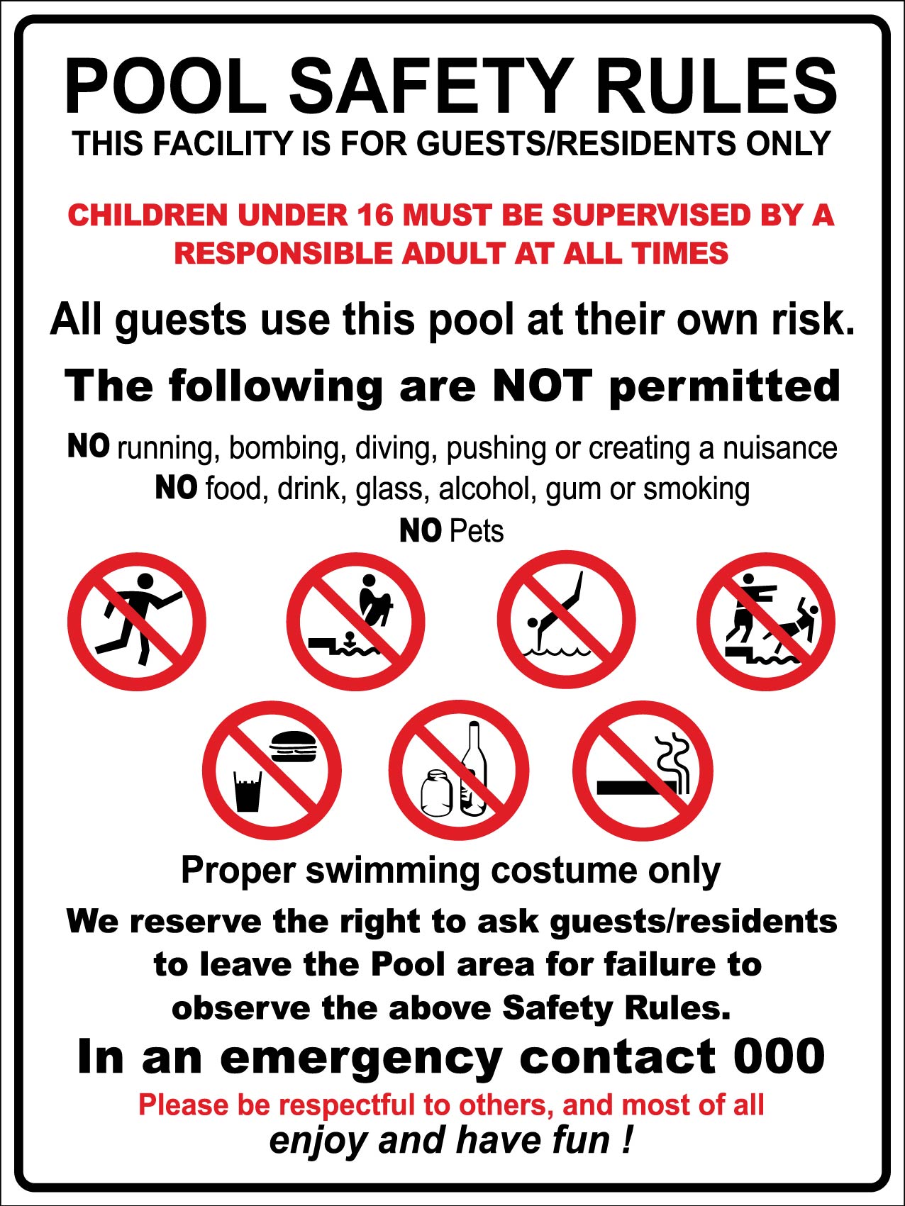 Pool Safety Rules Sign New Signs