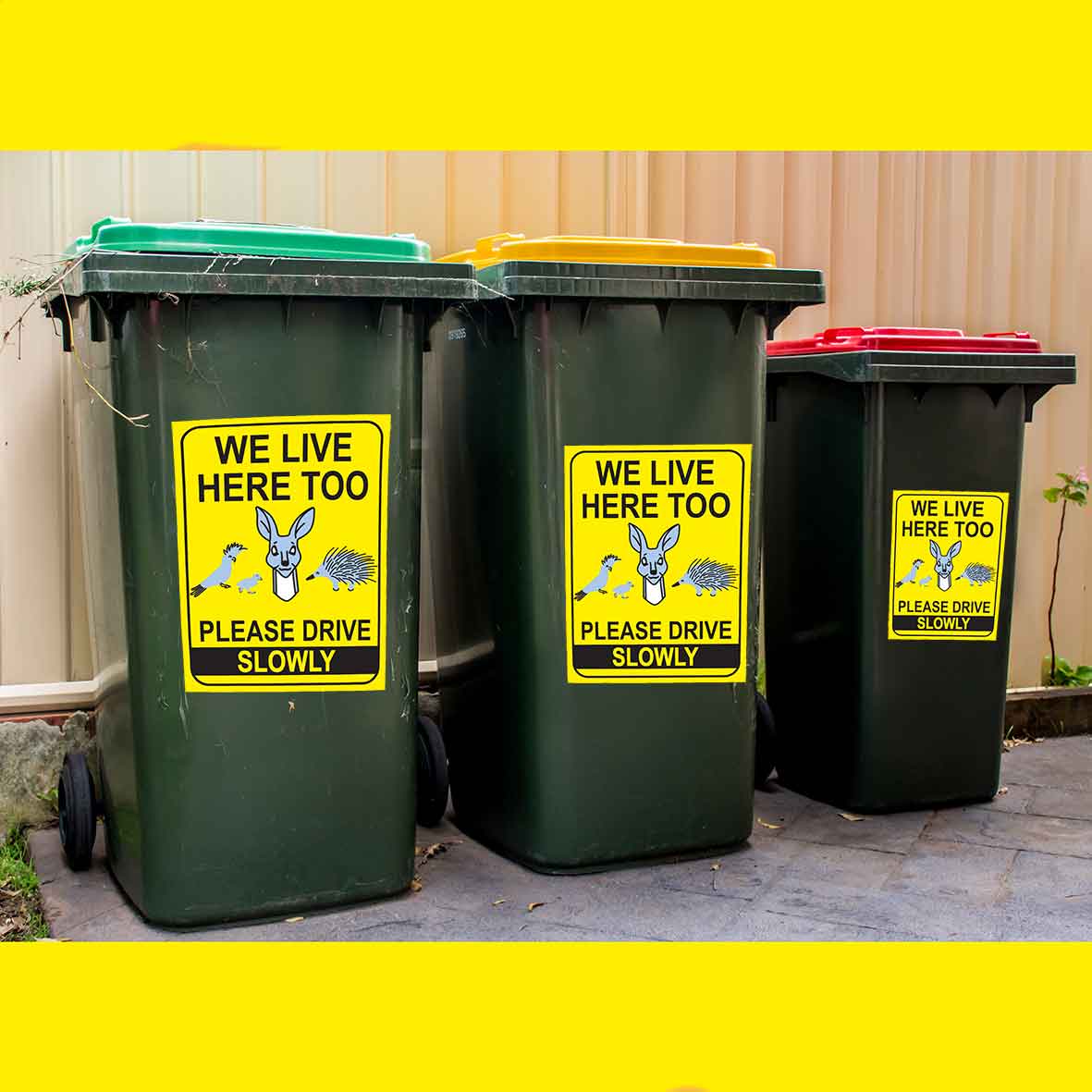 We Live Here Too Please Drive Slowly Bright Yellow Sign