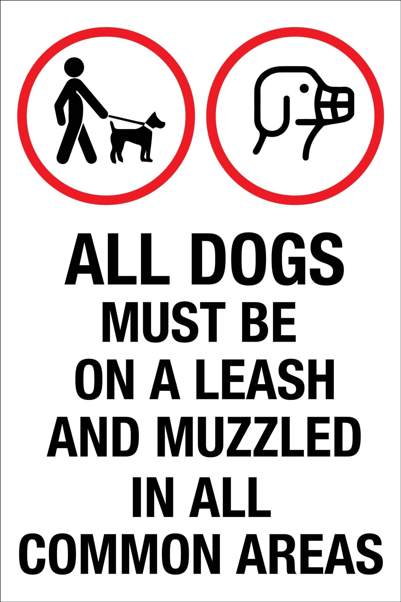All Dogs Must Be On Leash and Muzzled In All Common Areas SIgn – New Signs