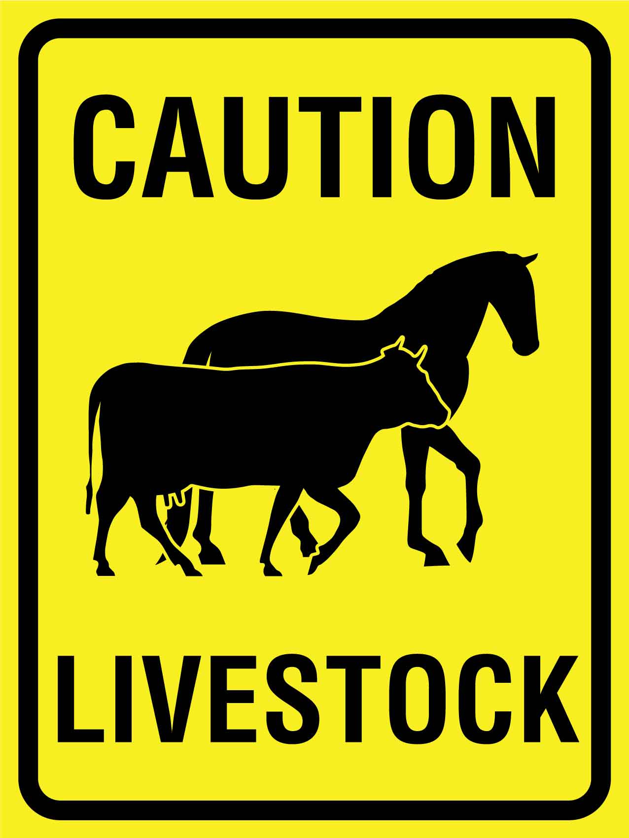 Caution Livestock Horse and Cow Bright Yellow Sign - New Signs