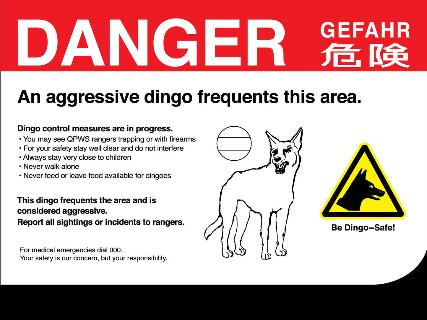 Danger Gefahr An Aressive Dingo Sign - New Signs