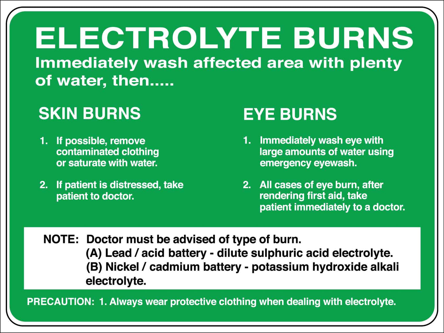 Electrolyte Burns Immediately Wash Affected Area Sign - New Signs