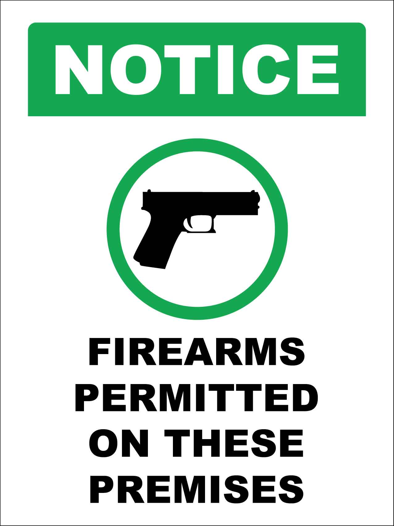Notice Firearms Permitted On These Premises Sign - New Signs