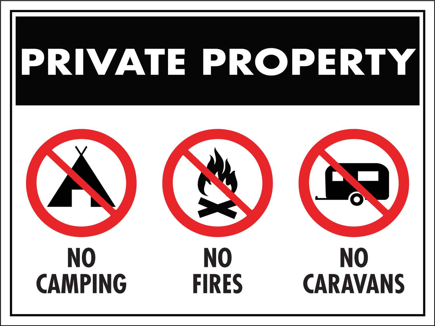 Private Property Camping No Camping No Fires No Caravans Sign - New Signs