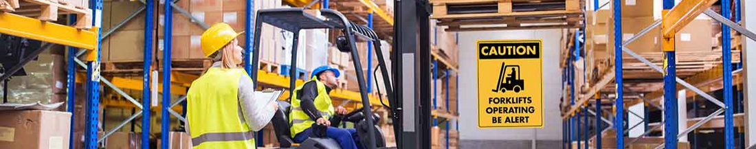 Caution Forklift Operating Sign in a Warehouse