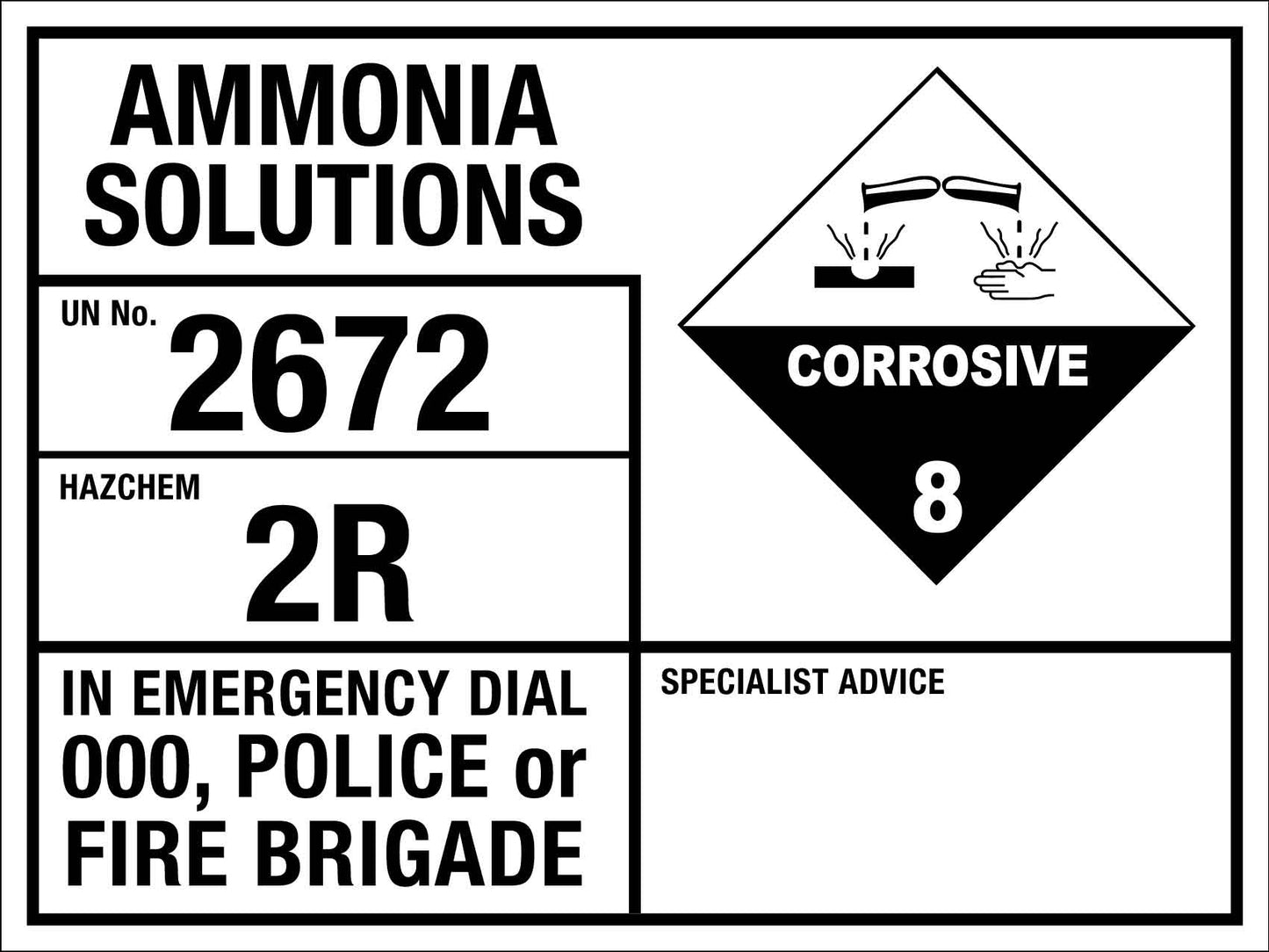 Ammonia Solutions 2672 2R Emergency Information Sign