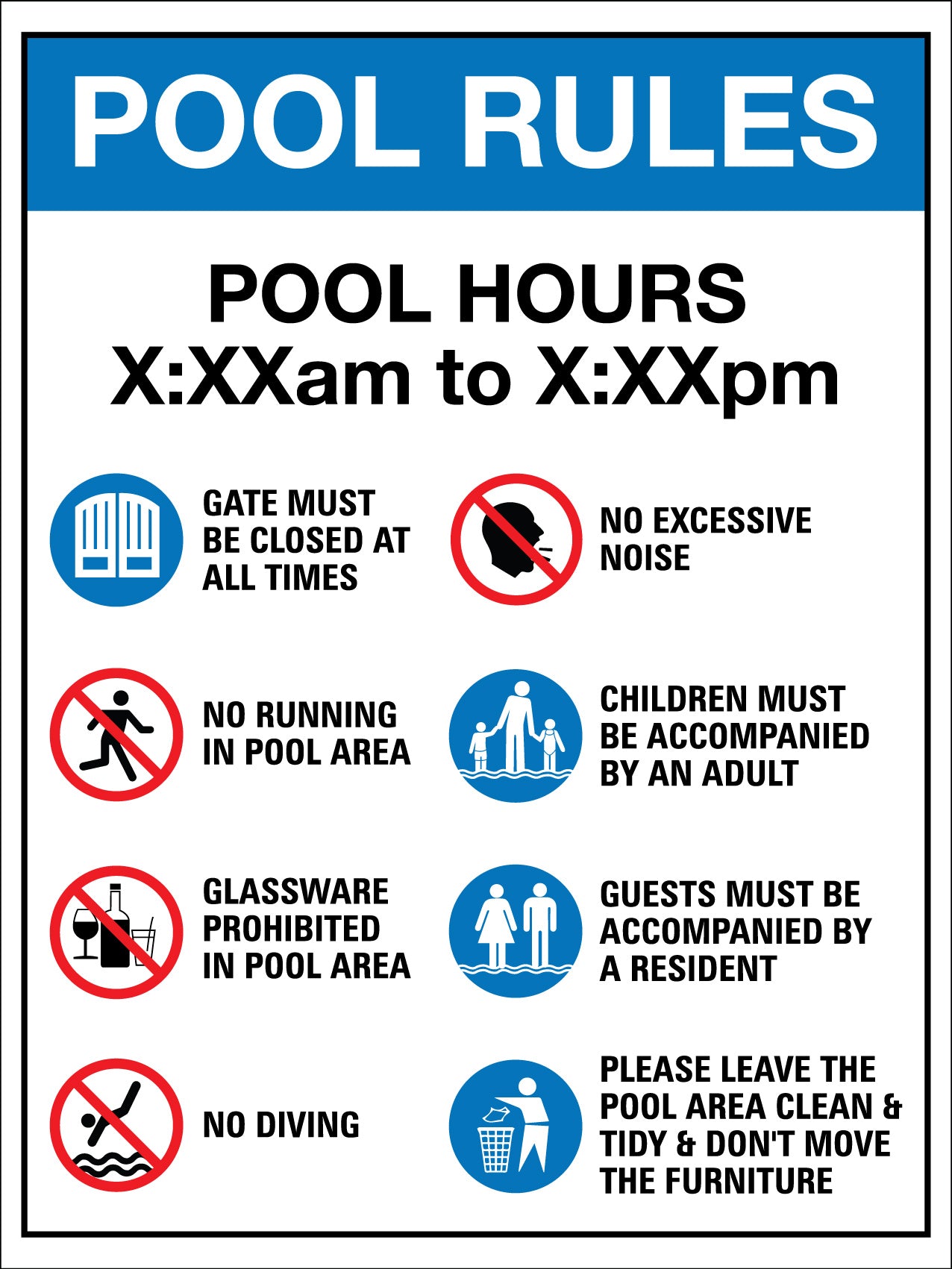 AP Pool Rules 1 Pool Hours Custom Blue Sign