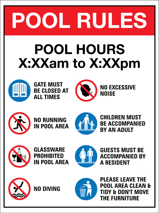 AP Pool Rules 1 Pool Hours Custom Red Sign