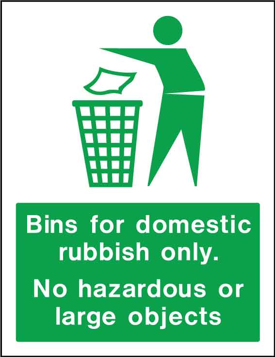 Bins For Domestic Rubbish Only. No Hazardous Or Large Objects Wheelie Bin Sticker