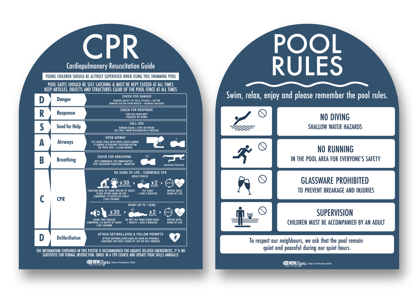 CPR Sign & Pool Rules Sign Pack Arch Navy Background