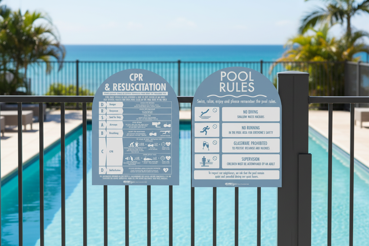 CPR Sign & Pool Rules Sign Pack Arch Ocean Background