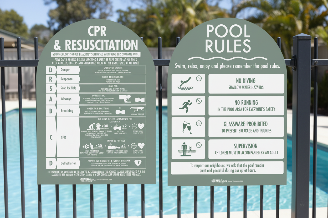 CPR Sign & Pool Rules Sign Pack Arch Sage Background
