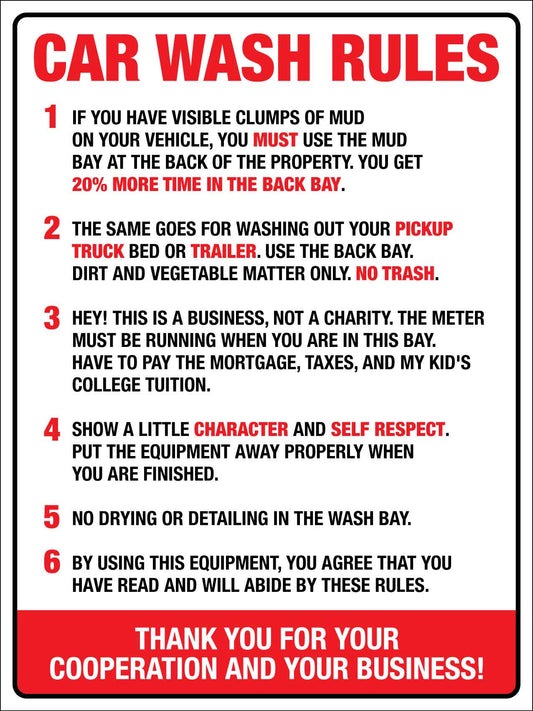 Car Wash Rules Sign