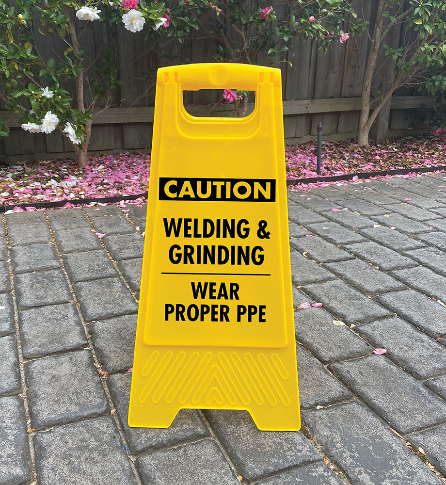 Yellow A-Frame - Caution Welding & Grinding