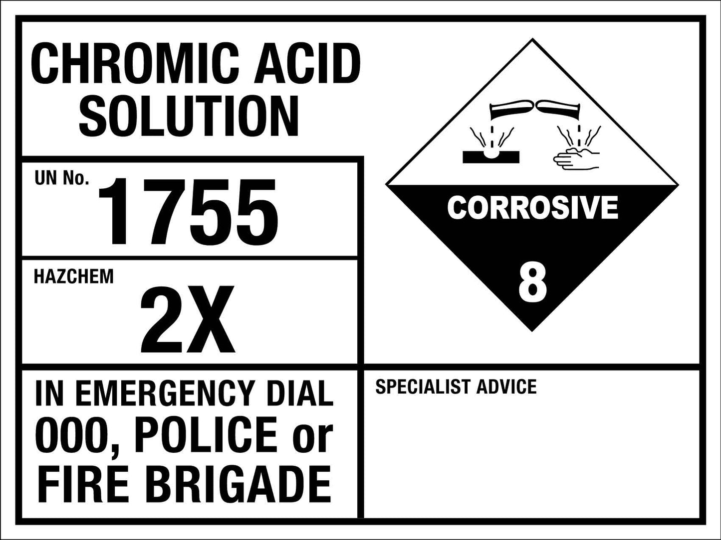 Chromic Acid Solution 1755 2X Emergency Information Sign