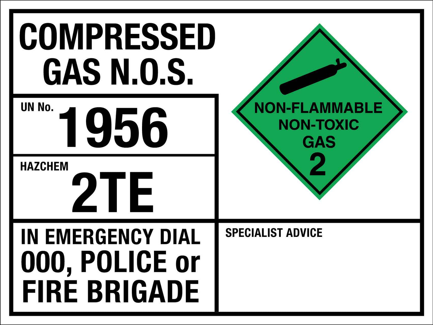 Compressed Gas NOS 1956 2TE Emergency Information Sign