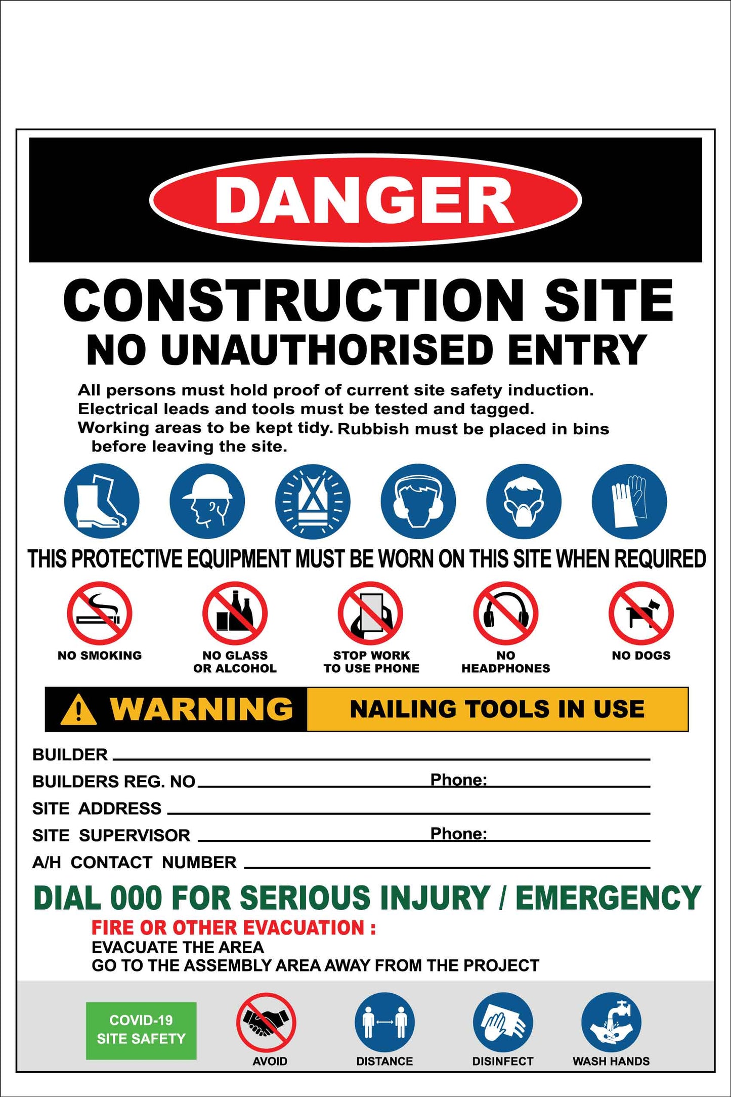 Construction Site Entry Combination and Covid Sign