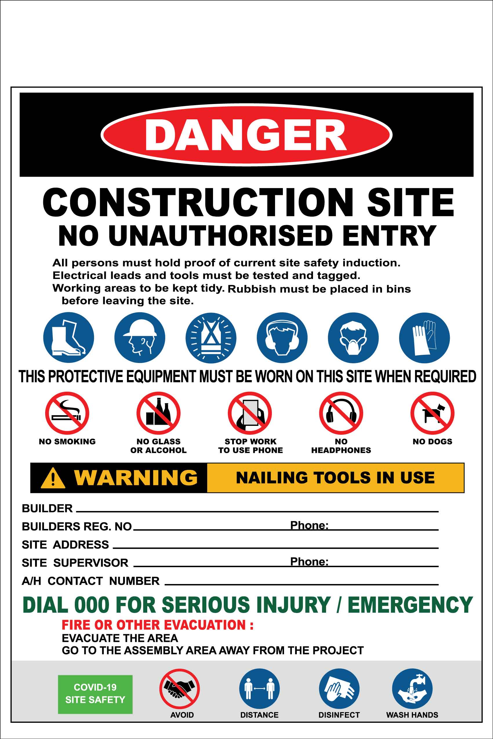 Construction Site Entry Combination and Covid Sign – New Signs